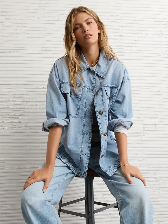 American Eagle Outfitters Tops - NWT AE Studded Light Wash Denim Button-Up Shirt Jacket